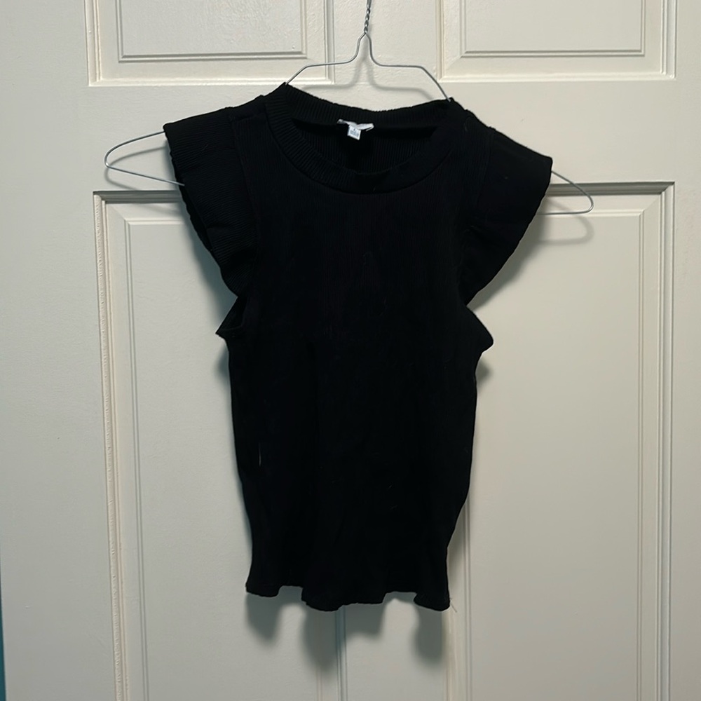 Francesca’s Black Mock Neck Flutter Sleeve Top